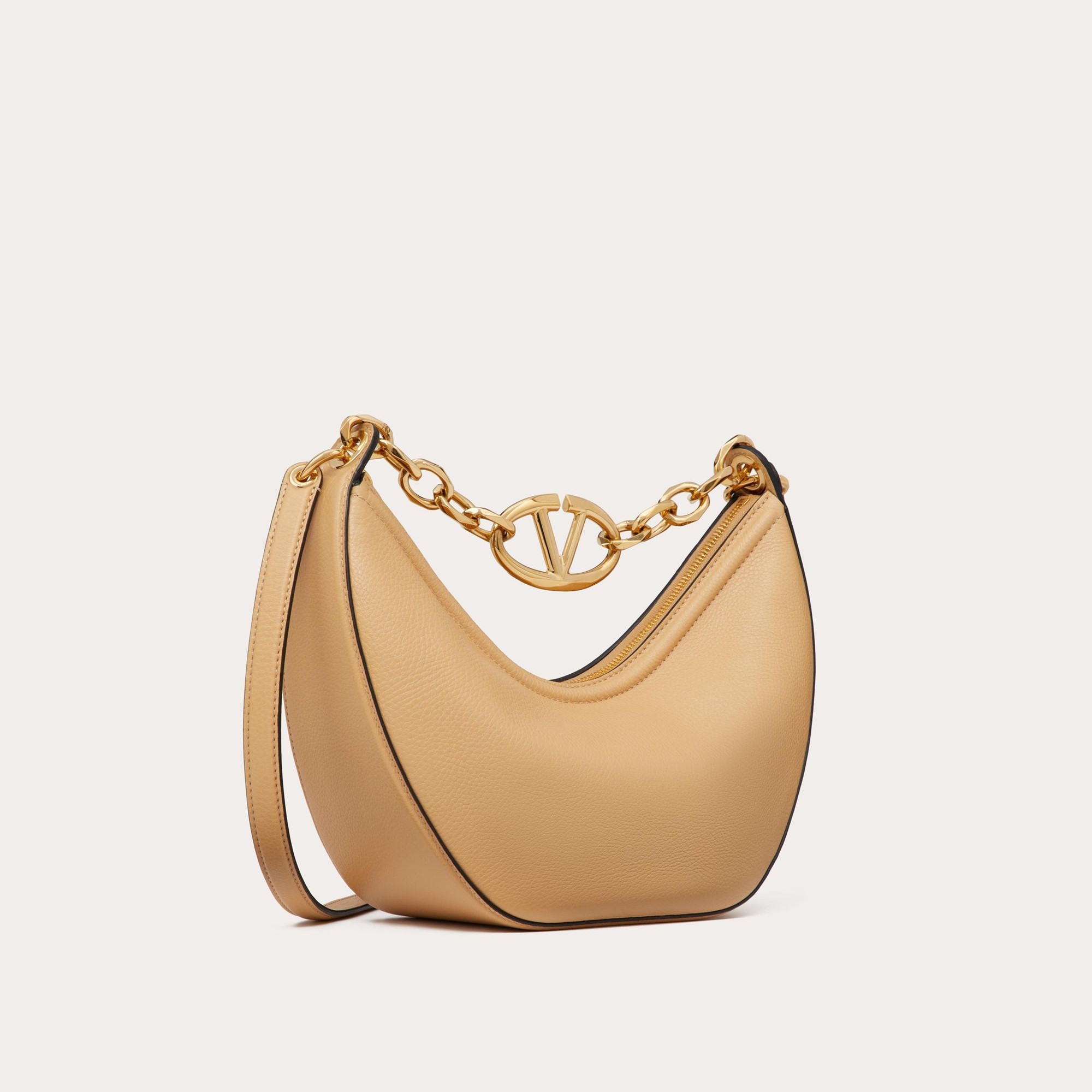 SMALL VLOGO MOON HOBO BAG IN GRAINY CALFSKIN WITH CHAIN, CAPPICCINO