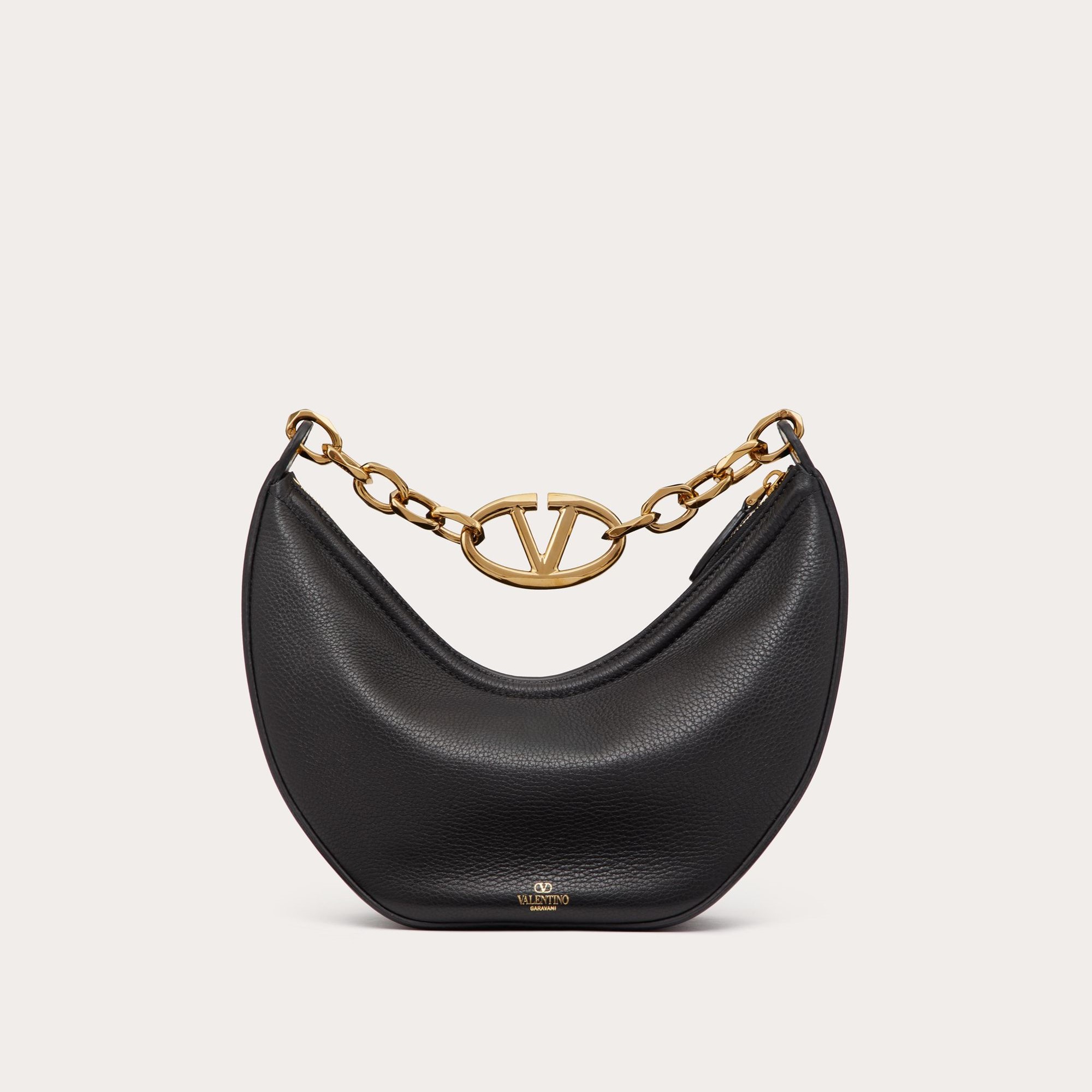 SMALL VLOGO MOON HOBO BAG IN GRAINY CALFSKIN WITH CHAIN, BLACK