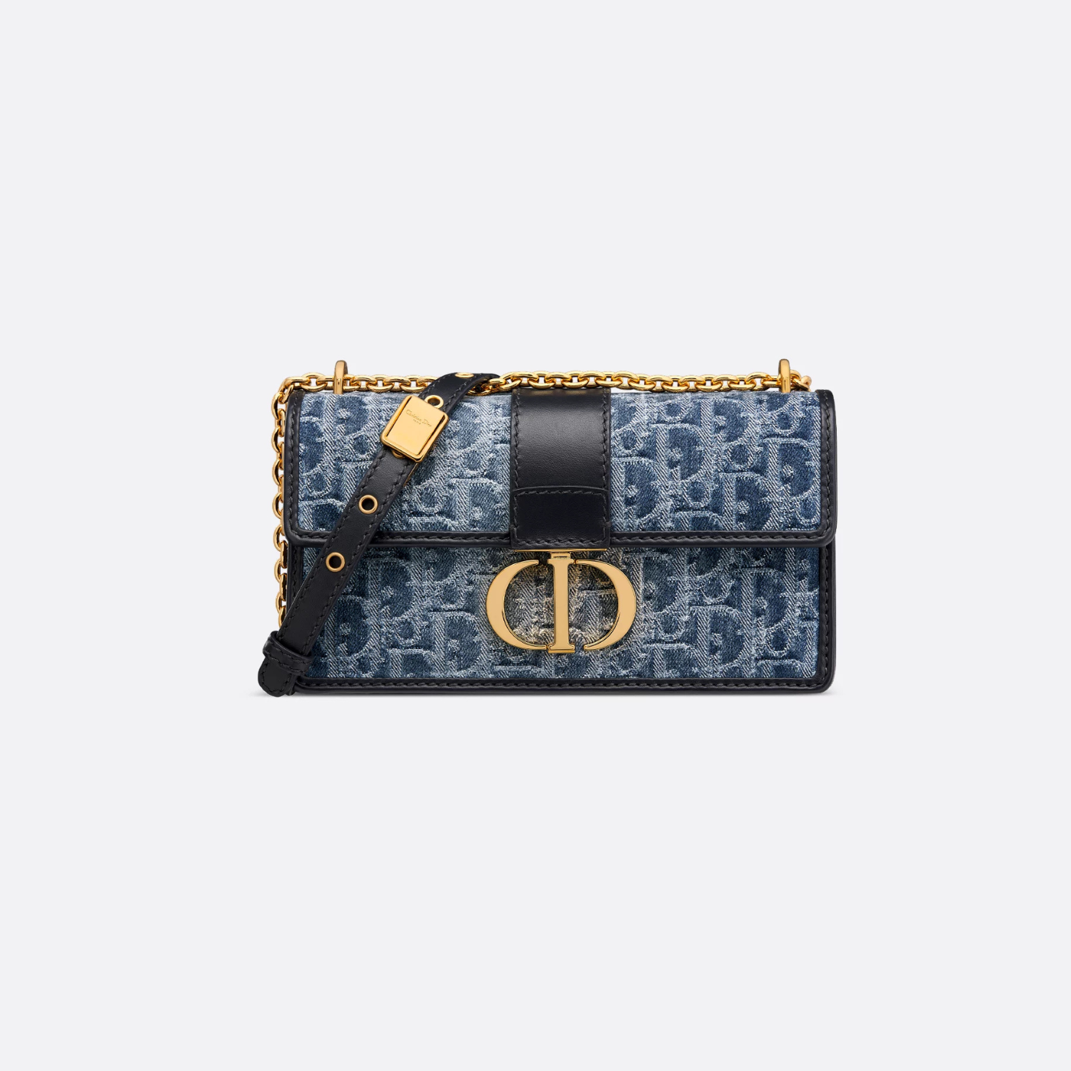 30 MONTAIGNE EAST-WEST BAG WITH CHAIN, BLUE DENIM OBLIQUE JACQUARD